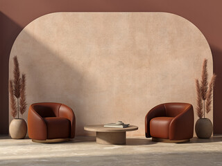 Interior composition with armchairs, orange wall concrete floor and decor. 3d render illustration mockup.