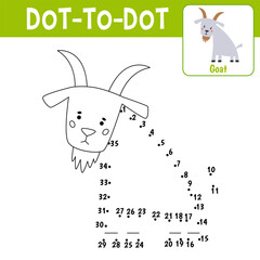 Numbers game, education dot to dot game for children, coloring book. Childish cartoon goat. Farm animal.