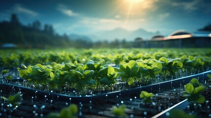 Modern Farming With Technology And Seedlings. Сoncept Sustainable Agriculture, Precision Farming, Hydroponics, Smart Farming, Crop Rotation - obrazy, fototapety, plakaty