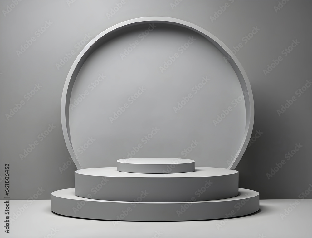Poster empty gray round podium stage for product presentation on gray background with backlight