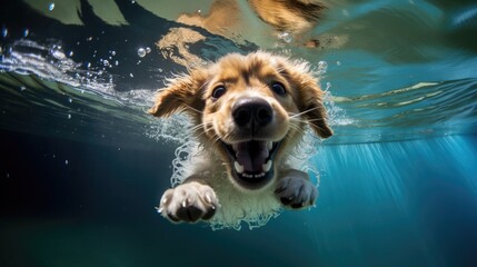 Playful Puppy Swims Underwater In A Pool - obrazy, fototapety, plakaty
