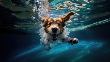 Playful Puppy Swims Underwater In A Pool. Сoncept Underwater Adventures, Splashing Fun, Puppy Love, Aquatic Escapades - obrazy, fototapety, plakaty