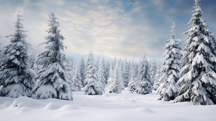 Fototapeta na wymiar Pine forest in winter cowered with a thick white snow blanket 