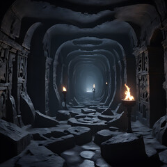 Obsidian Catacombs of Unending Darkness, A labyrinthine network, feeble torches. ai generative
