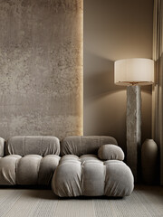 Gray beige minimalism style interior with concrete wall with backlit, sofa and decor. 3d render illustration mockup.