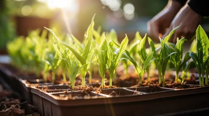 Foto op Aluminium Sunny Garden, Hand Planting Corn Seed © Ян Заболотний