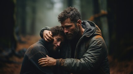 Supportive Man Consoling Friend With Post Traumatic Syndrome. Сoncept Friendship And Support, Post Traumatic Syndrome, Emotional Healing, Compassionate Listening - obrazy, fototapety, plakaty