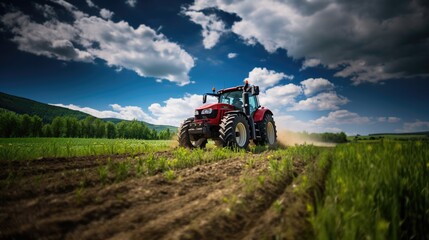 Tractor Diligently Cultivating A Field During Springtime. Сoncept Springtime Sunrise Over The Mountains, Cherry Blossom Festival, Hiking In The Woods, Gardening Tips And Tricks