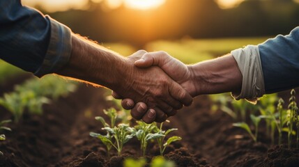 Two Farmers Discussing On The Field And Sealing The Deal With A Handshake. Сoncept Farmers Negotiating, Field Conversation, Seal The Deal, Handshake Agreement - obrazy, fototapety, plakaty