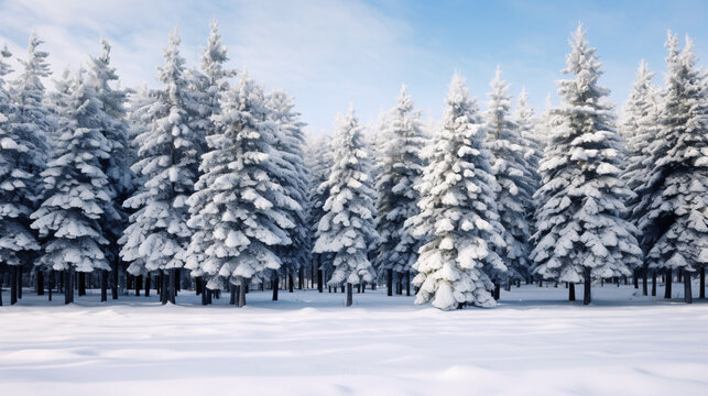 Pine forest in winter cowered with a thick white snow blanket 