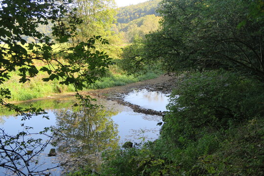 Wasser der Donau flie&szlig;t in Immendingen. Hinter dem Steinwall kommt nur wenig an. Das liegt an der Donauversinkung, durch die Wasser im Karstgestein versickert.
