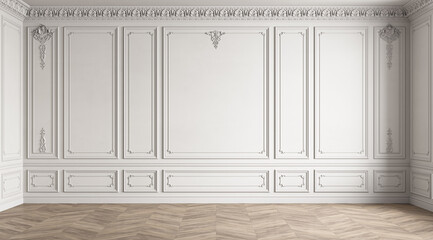 Classic white empty interior with blank wall with moldings and wood floor. 3d render illustration mockup.