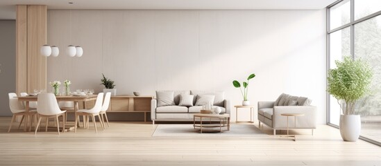 Fototapeta na wymiar Minimalistic style is the combined interior of a large living room and dining area With copyspace for text