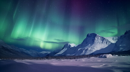 The glittering Aurora danced above star-studded snowy peaks, illuminating the wintery wonderland.