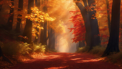  A winding forest trail covered in a carpet of golden and crimson leaves, with sunlight streaming through the trees.