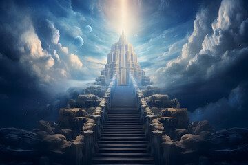 Ethereal stairway to heaven, symbolic ascent to celestial realms. Spiritual journey concept in...
