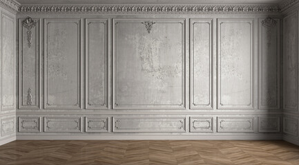 Classic gray empty interior with concrete blank wall with moldings and wood floor. 3d render illustration mockup.