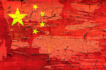 Chinese flag and paint crackles. Describe China's real estate crash, bubbles, financial turmoil,...