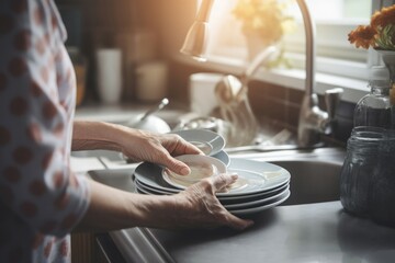 Woman washing dishes in kitchen. Domestic housework of cleaning eating plates. Generate ai