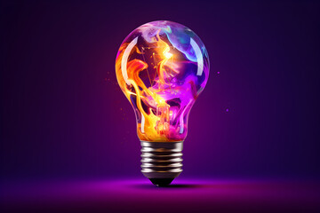 Vibrant liquid paint lightbulb on a purple backdrop, a creative burst of color and inspiration. High-quality artistic concept.