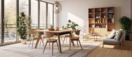 Minimalistic and bright Scandinavian apartment with open space design furniture family table plants brown wooden parquet stylish carpet big windows and a sunny ambiance With copyspace for t