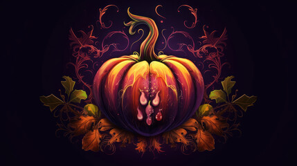 Illustration of a Halloween pumpkin in dark maroon tones.