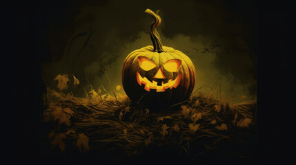 Illustration of a Halloween pumpkin in dark yellow tones.