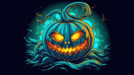 Illustration of a Halloween pumpkin in dark cyan tones.