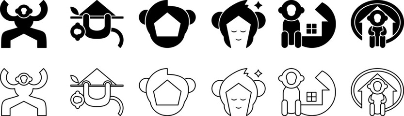 collection of monkey house vector illustration. line, silhouette, minimal and simple style. black and white. used for emblem, logo, icon, symbol, sign or print. editable stroke © Ris_aris