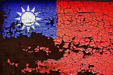 Taiwan flag and paint cracks. Describe Taiwan's position on the brink of war. China's invasion of Taiwan and Taiwan Strait crisis. Taiwan War. Used as background or basemap. Double exposure hologram.
