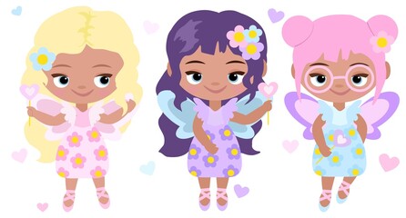 Fairy girl. Princess girl set.Cute girl collection.Isolated on white.Baby, kids, child illustration. Greeting card, poster, print, pattern.