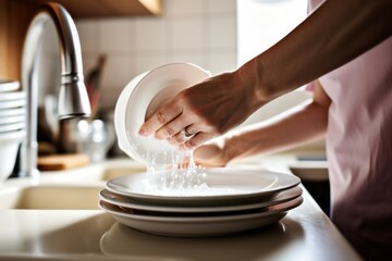 Woman washing dishes. Washing after dinner meal plates. Generate ai