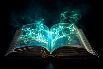 Sacred aura emanates from illuminated Holy Bible against a dark backdrop. Spiritual radiance in the shadows.