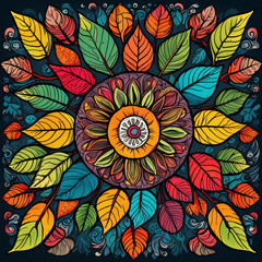 Fototapeta na wymiar Colorful leaves arranged in a circular mandala pattern.