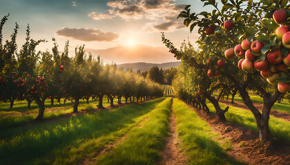picturesque apple orchard with rows of apple trees, ready for a day of apple picking and cider tasting - obrazy, fototapety, plakaty