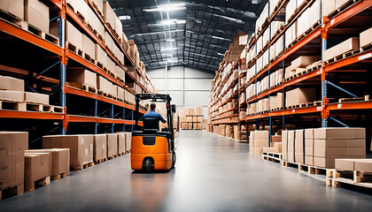 retail warehouse with forklifts, pallets, and shelves full of products in cartons. Background blur for transportation and logistics. center for product distribution