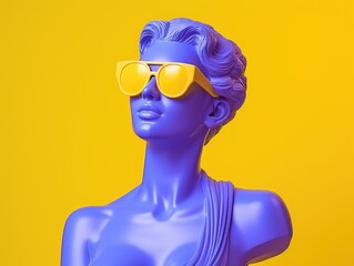 Female ancient Greek bust, wear sunglasses, smiling, minimal concept trend