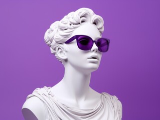 Female ancient Greek bust, wear sunglasses, smiling, minimal concept trend