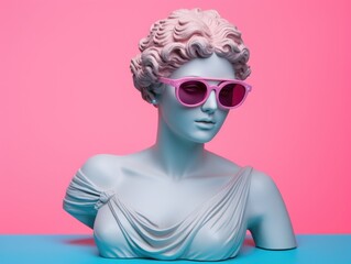 Female ancient Greek bust, wear sunglasses, smiling, minimal concept trend