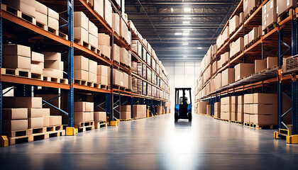  retail warehouse with forklifts, pallets, and shelves full of products in cartons. Background blur for transportation and logistics. center for product distribution