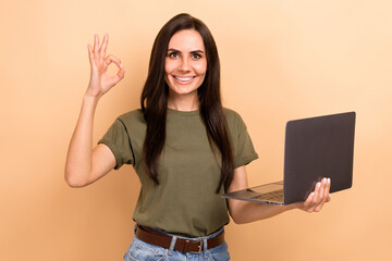 Photo of confident pretty lady wear khaki t-shirt typing modern device showing okey gesture...