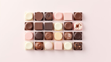 Assorted chocolates on a isolated pastel background. Copy space. Chocolate Day concept. 
