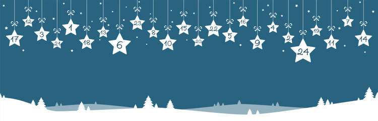 christmas advent calendar 1 to 24 on hanging stars - obrazy, fototapety, plakaty