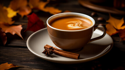Fototapeta premium Cup of tasty pumpkin autumn coffee with cinnamon sticks and orange leaves on wooden background. Fall and winter warm drinks concept