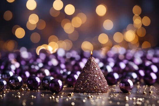 Purple christmas candles and baubles on bokeh background. A Cozy Purple Christmas Background with Bokeh Lights and Christmas Tree