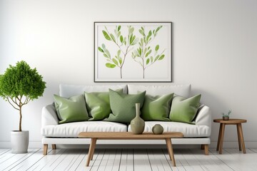 Classic living space with grey sofa, green accents, wooden table, olive twigs in vase. Clean white backdrop. 3D render, artwork. Generative AI