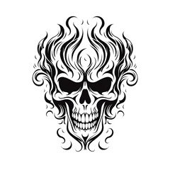 Obraz premium Burning skull tattoo in black and white, isolated on white. Fiery logo template with intense, dynamic design.