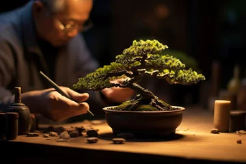 Foto auf Acrylglas Antireflex Image of a man taking care of his bonsai. Concept of Japanese art with trees. © expressiovisual