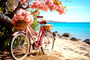 Fototapeta premium Abandoned retro pink bicycle standing on the sandy beach by the sea. Romantic concept on the background of the sea, beach, 