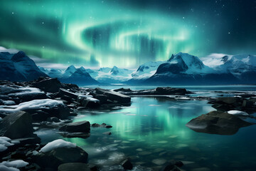 Winter Wonderland, Captivating Green Aurora Borealis Illuminating Icy Arctic Landscape